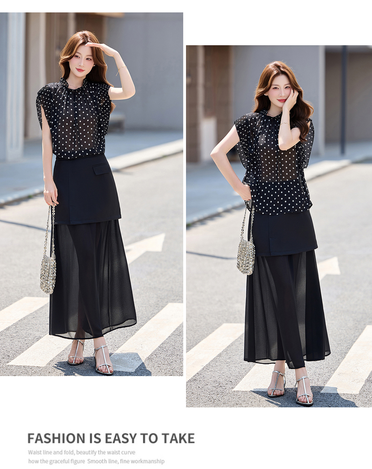 Set áo sơ mi chấm bi + chân váy midi suông rộng thiết kế thanh lịch 2026 — Màu ảnh chi tiết 18