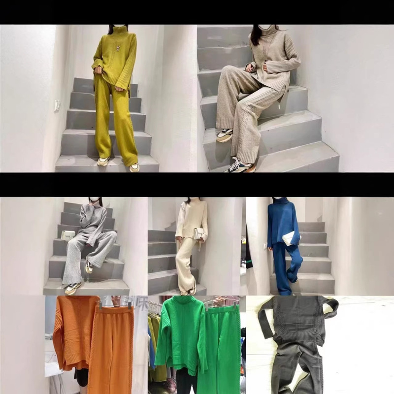 Korean Style Thick-Knit Casual Style Two-Piece Set for Women, New Autumn and Winter Loose Slimming Sweater and Wide-Leg Pants for Women, Cross-Border Korean Style Thick-Knit Casual Style Two-Piece Set for Women, New Autumn and Winter Loose Slimming Sweater and Wide-Leg Pants for Women, Cross-Border
