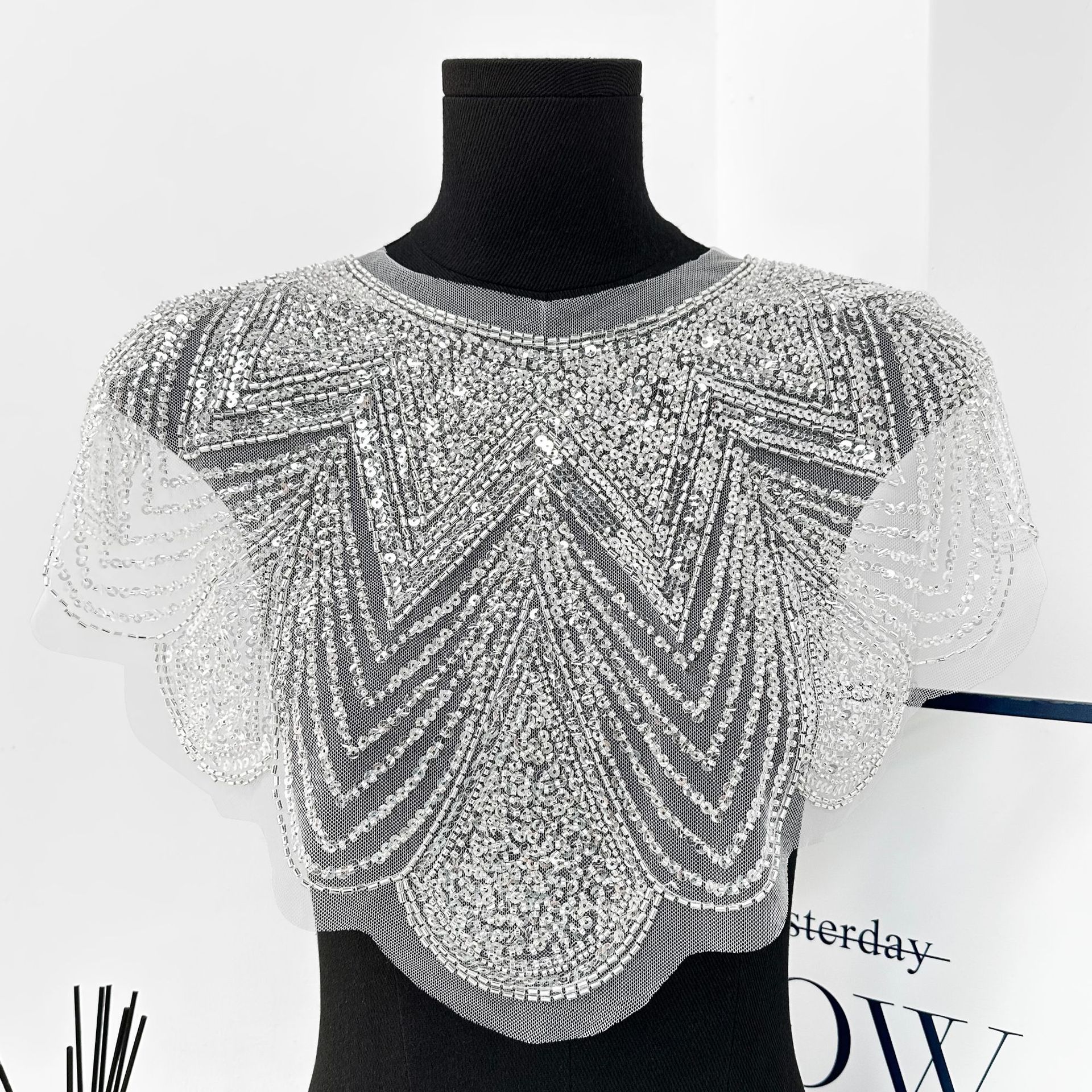 Vestido de noche con cuello frontal de sequillas vestido de espectáculo de ropa exterior de venta cruzada de Europa y América accesorios de ropa de cuello redondo de sequillas image 12