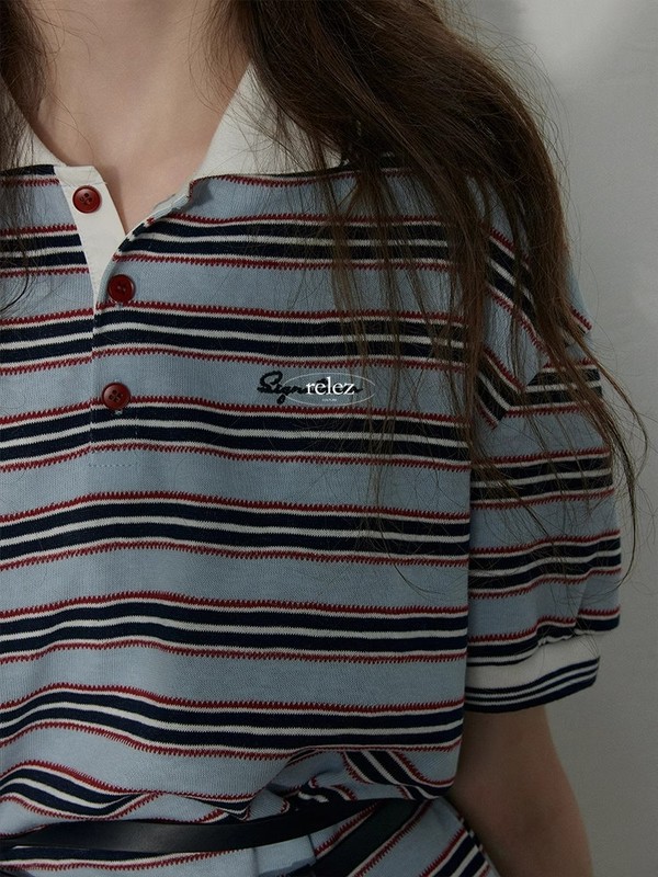 relez POLO襟ストライプルーズニット半袖Tシャツレディース夏カジュアルレイジースタイルシンプルで万能な半袖|undefined