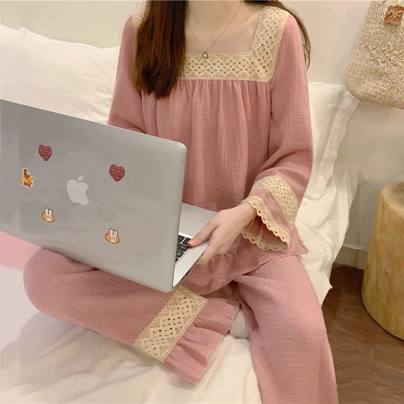 Al por mayor transfronterizo primavera y otoño estilo de cuello cuadrado pijama de encaje mujer manga larga set princesa dulce set de ropa para el hogar