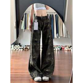 大码美式y2k千禧风女男休闲裤潮牌微喇叭裤设计感口袋迷彩工装裤