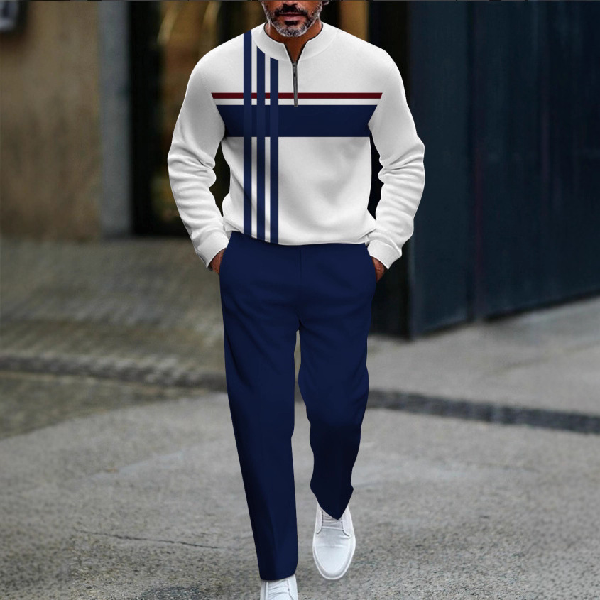 2025 Cross-Border Popular European and American Men's Two-Piece 3D Digital Half-Zip Casual Versatile Sportswear Autumn and Winter Suit