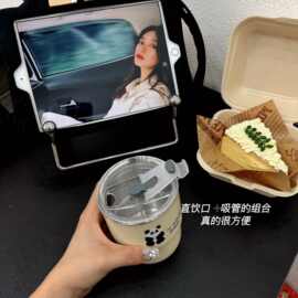 新款高颜值304不锈钢咖啡杯 时尚精致随手杯可爱儿童带吸管马克杯