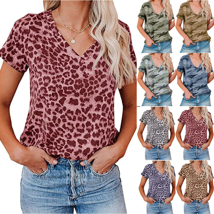 Cross-Border European and American Export Spring and Summer Leopard Print Camouflage Pattern V-Neck Short-Sleeved Pullover Casual T-Shirt Women's Clothing Cross-Border European and American Export Spring and Summer Leopard Print Camouflage Pattern V-Neck Short-Sleeved Pullover Casual T-Shirt Women's Clothing