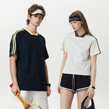 重磅260G双纱棉V领插肩三条杠短袖T恤男美式复古运动休闲情侣半袖