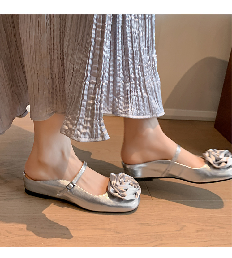 Giày mule nữ mũi nhọn họa tiết hoa bạc, đế bằng tăng chiều cao — Màu nâu nhạt (da cừu) chi tiết 13