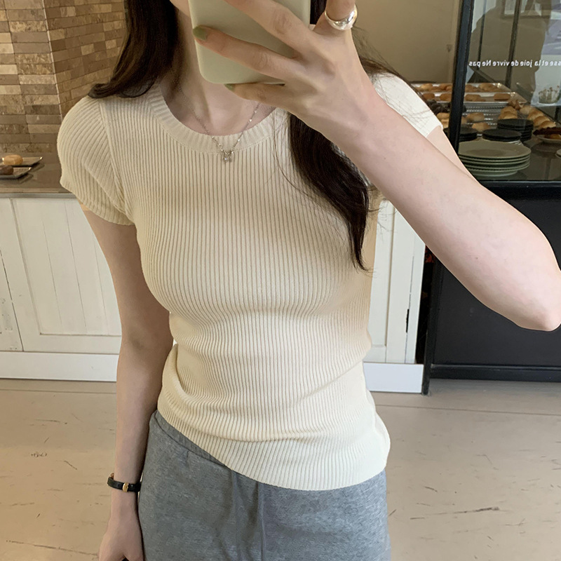Hot wholesale round neck solid color slim elastic knitted short sleeve T-shirt women's spring and summer 2025 new slim top