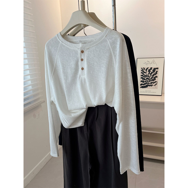 Korean-Style Henry Collar Buttoned Long-Sleeve T-Shirt, Loose Fit, Slimming Top, Half-Open Collar, Long-Sleeve Inner Wear, Women's Early Autumn Top