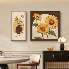 中古風レストラン装飾画レトロひまわり二連壁画フランス高級感ダイニングテーブル壁面掛け絵