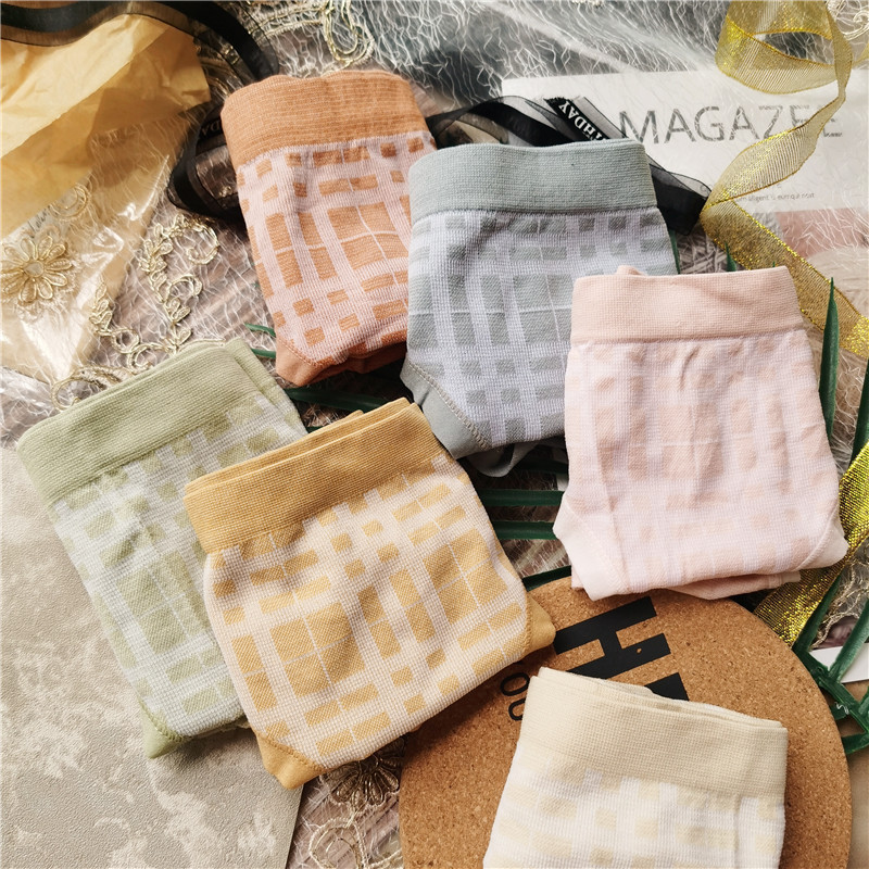 【80-120】Tea Color # Cute Plaid Fabric Comfortable Low Waist Women's Underwear