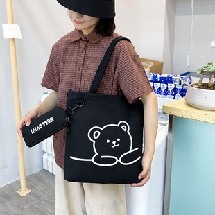 Student canvas bag women's 2024 new handbag tutorial bag shoulder bag cute bear printing diagonal bag wholesale