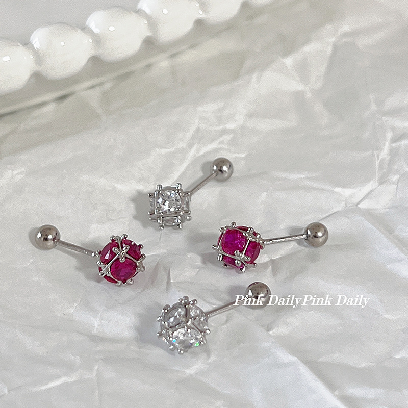 Pink Daily閃鋯花球耳釘女小眾擰螺絲耳骨釘925純銀小燈泡耳蝸釘