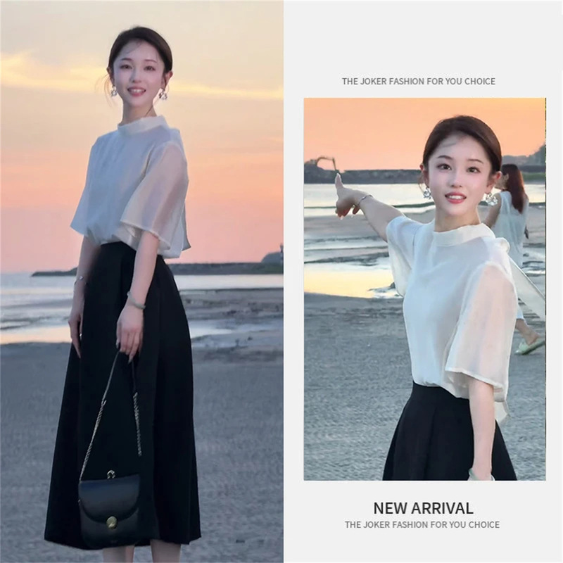 This Year's Popular Matchinging Set of Women's Casual Versatile Shirts and Tops, Simple and Versatile Long Skirts, Two-Piece Suits