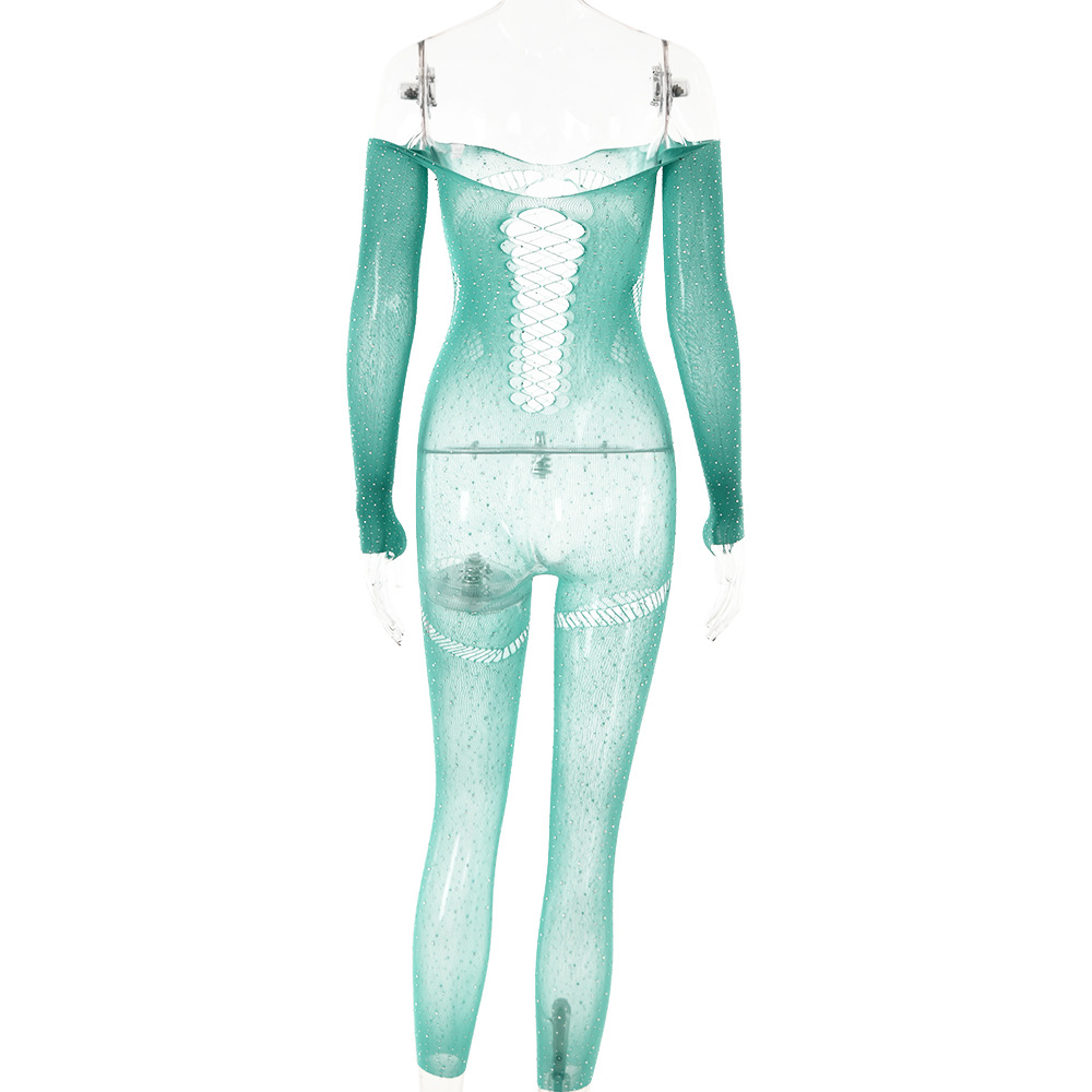 Women Sexy Rhinestone See through Hollow Out Cutout Backless Jumpsuit Long Sleeve Slim Fit Jumpsuit Summer