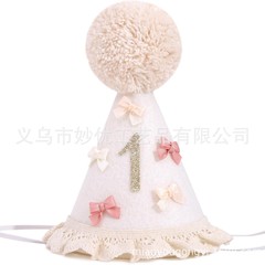 跨境热销波西米亚女宝宝生日帽1岁半岁蝴蝶结尖顶帽拍照道具布置