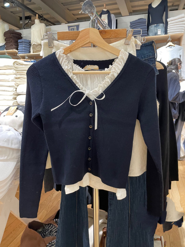 BM style high-end sense thin cotton navy blue thread lace cardigan sweater coat women BM style high-end sense thin cotton navy blue thread lace cardigan sweater coat women