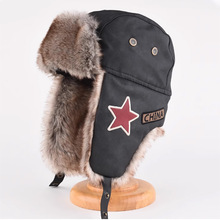 跨境仿兔毛红五星机车飞行帽男女PU皮保暖加厚雷锋帽子东北保暖帽