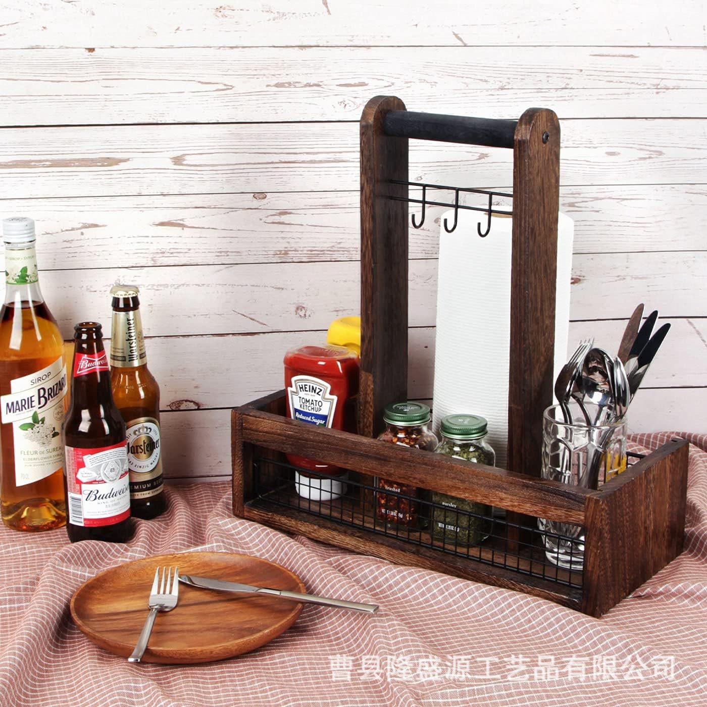 乡村风格木质桌面收纳架户外烧烤实木餐具架调味品收纳架置物架