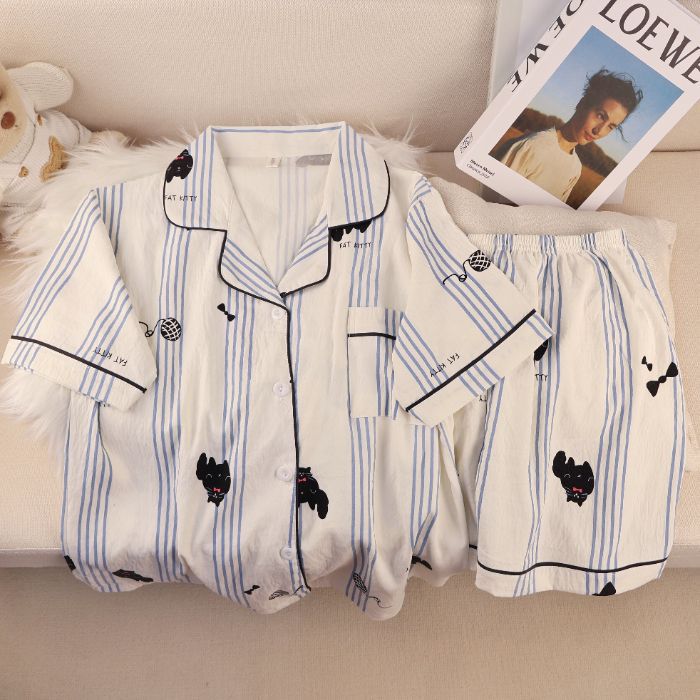 Pijamas de algodón nubes al por mayor transfronterizos de mujeres pantalones cortos de mangas cortas de verano nuevos cardigans con solapas de dibujos animados lindos cubiertas de ropa para el hogar