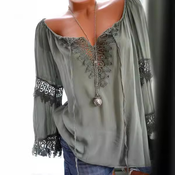 实价2024夏季速卖通亚马逊热销爆款一字肩棉麻蕾丝花边系带长袖衫