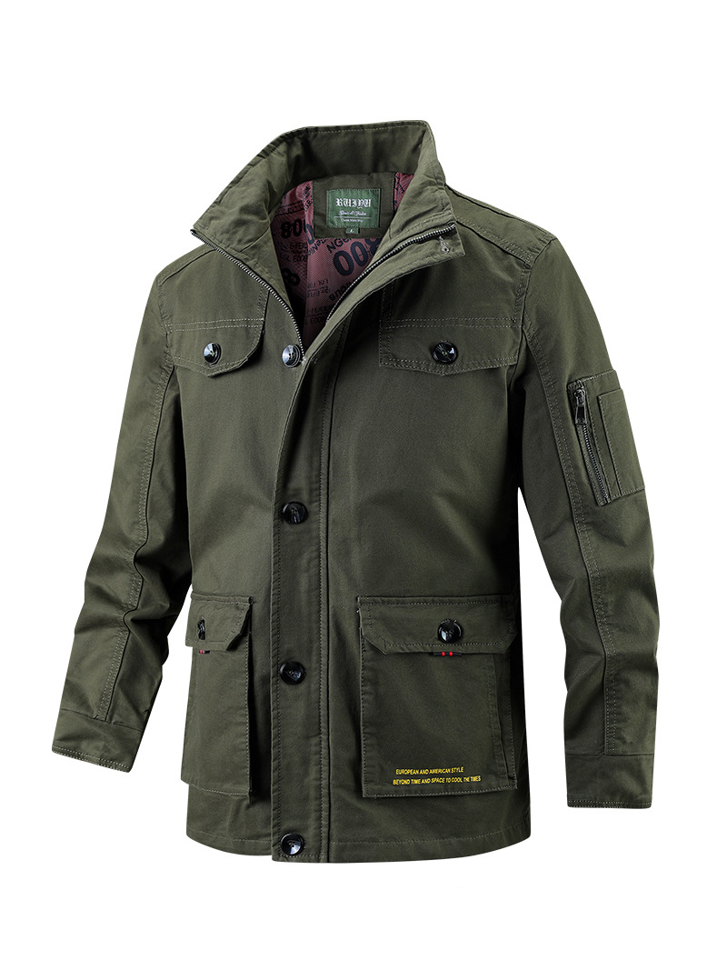 Suministro exclusivo transfronterizo de chaquetas para hombre, nuevo estilo de primavera y otoño, cuello alto, casual, capucha desmontable, talla grande, longitud media, tejido de algodón puro.