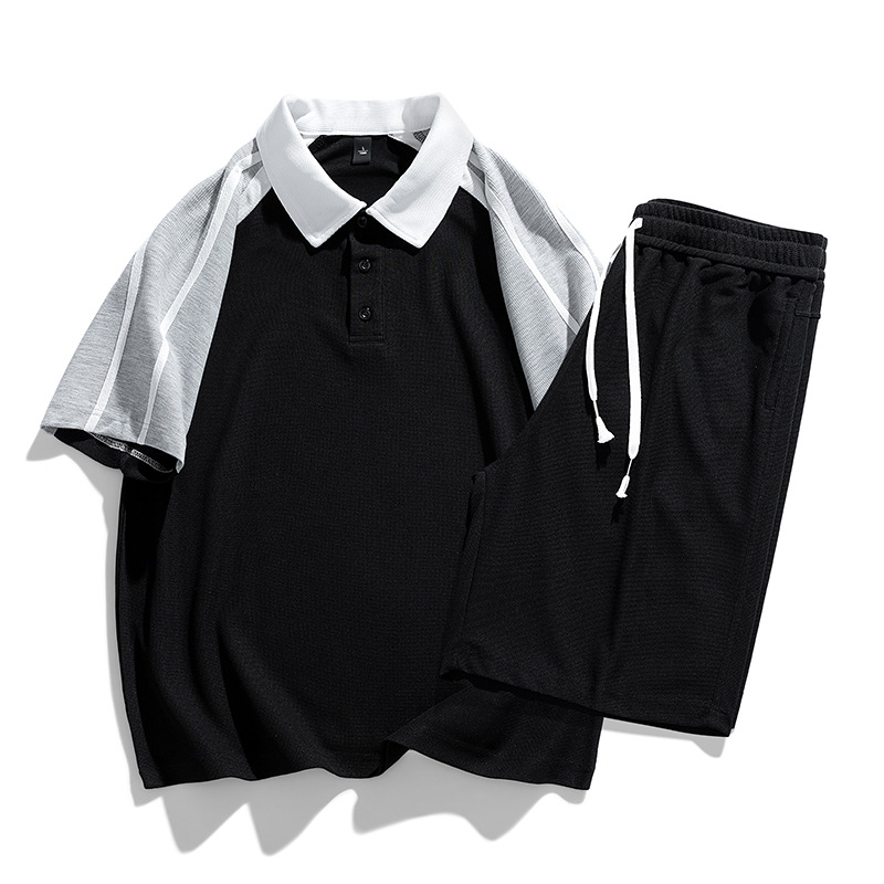 Vêtements pour hommes Athleisure costume à manches courtes T-shirt hommes été adolescents quotidiens haut à revers ample cordon de serrage shorts tendance_voghion.com