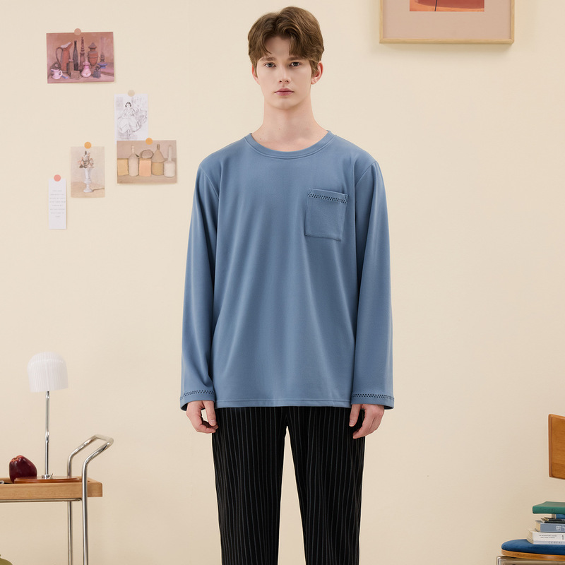 Autumn and Winter Double-Sided Thickened Brushed Fleece Thermal Men's Simple Round Neck Pullover Striped Loungewear Long Set