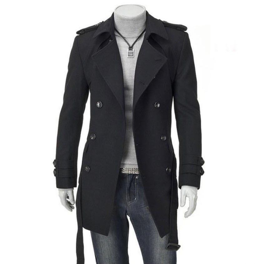 New autumn/winter men's Korean style coat, fashionable trench coat with epaulettes, mid-length double-breasted wool coat.
