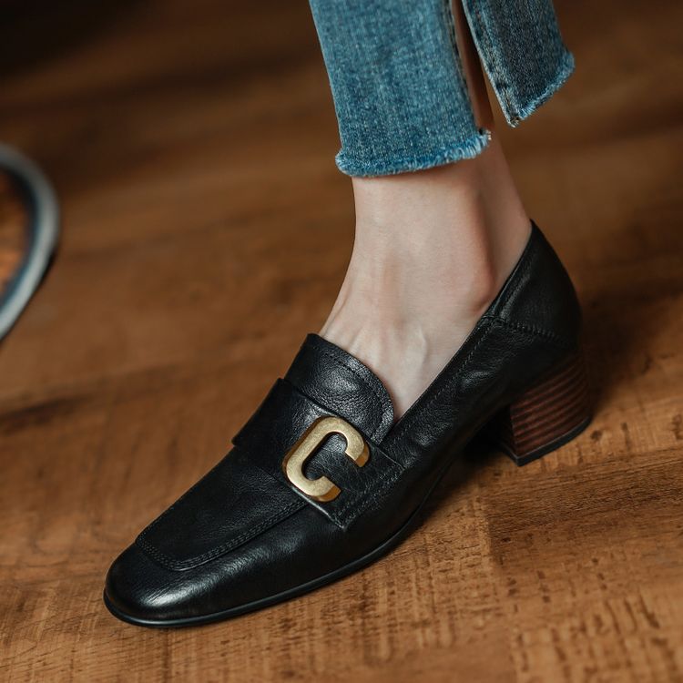 Peiqi 2025 New Autumn Shoes Square Toe Thick Heel High Heel One-Leg Cowhide Comfortable Women's Shoes 9-29E