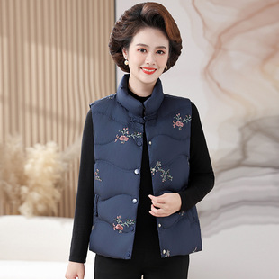 90 Velvet Mother Down Jacket Vest Vest for Middle-aged and Elderly Mother's Clothes Grandma Printed Chinese Style Mother's Coat Winter Clothes