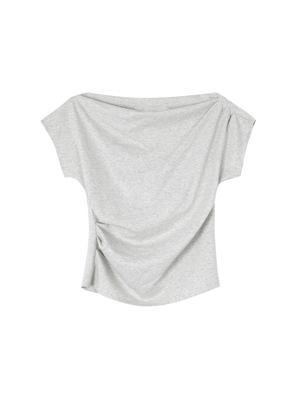 【マイスモール酔い2.0】Geming韓国風通勤ワンショルダー半袖Tシャツ夏新作プリーツトップスW269C|undefined