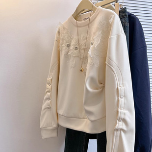 plus size fat mm200 kg pearl flower lace design crew neck fleece-lined sweater women's autumn and winter jacket