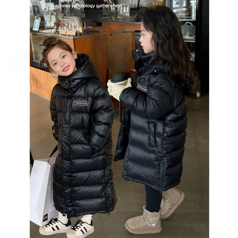 女童长款过膝棉服冬季中大童连帽加厚羽绒棉外套男女童黑色防寒