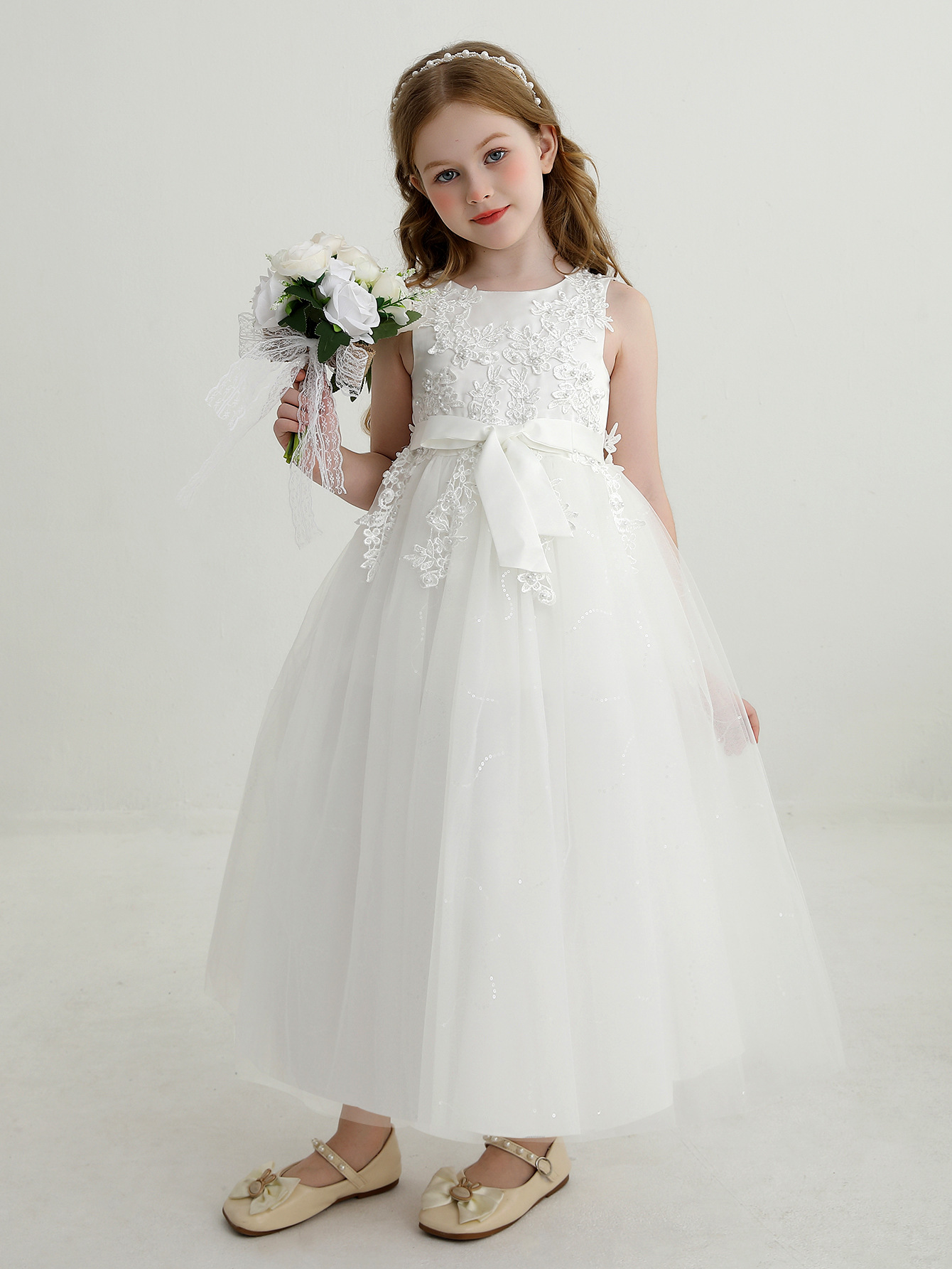 Vestido de princesa de niña transfronteriza vestido de novia sin mangas de encaje de arco vestido de cumpleaños vestido de niños