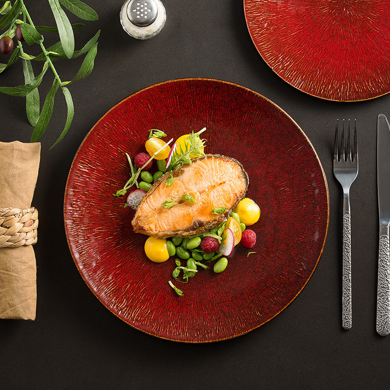 Nordic Red Plate High-class Steak Plate Household Plate Underglaze Color Western Plate Restaurant Tableware French Plate