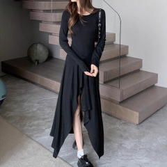 法式赫本风黑色不规则长袖连衣裙女2025秋冬新款气质收腰显瘦长裙