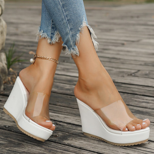 Wedge Slippers Women's Summer 2024 New Cross-border Fashion Transparent Sandals Cross-border Sandals with High Heel Slippers