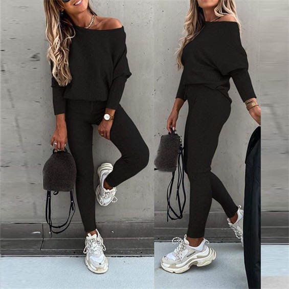 In-Stock 2025 European and American Foreign Trade Spring Solid Color Fashion Casual Lace-Up Off-Shoulder Sports Long Pants Long Suit for Women