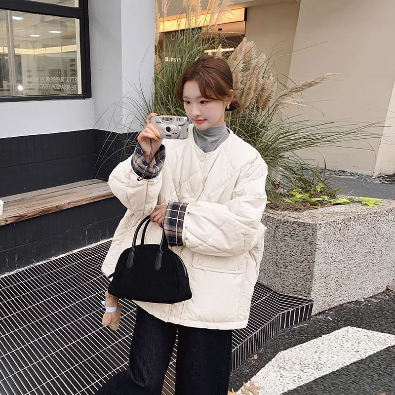 圆领格子拼接羽绒棉服女2025年新款轻薄短款小个子宽松棉袄外套潮|undefined