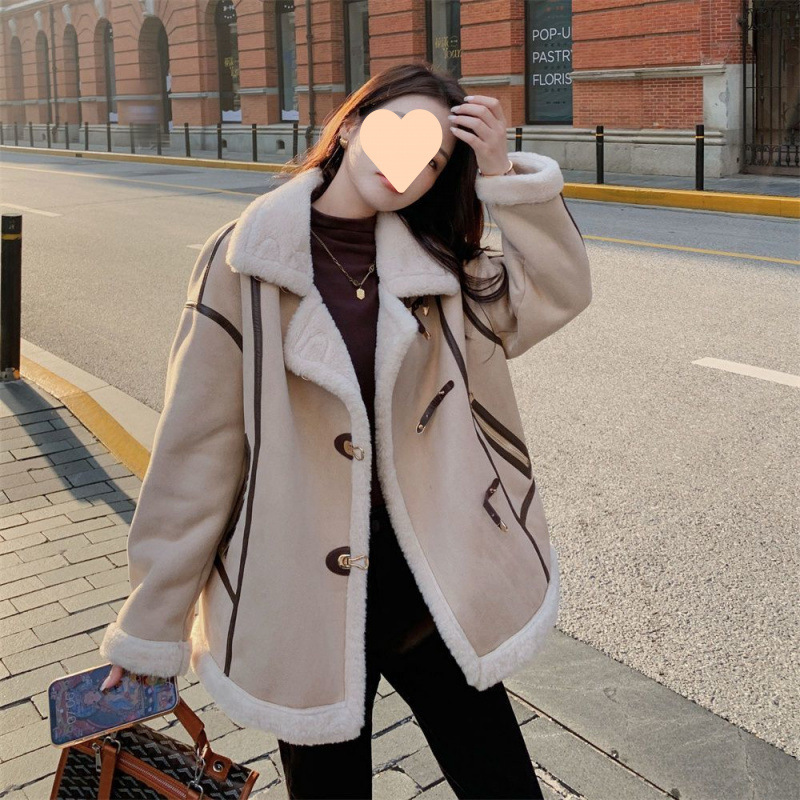 One-piece coat women's lamb wool casual top 2024 spring and autumn new Korean version of fleece-lined thickened motorcycle clothing