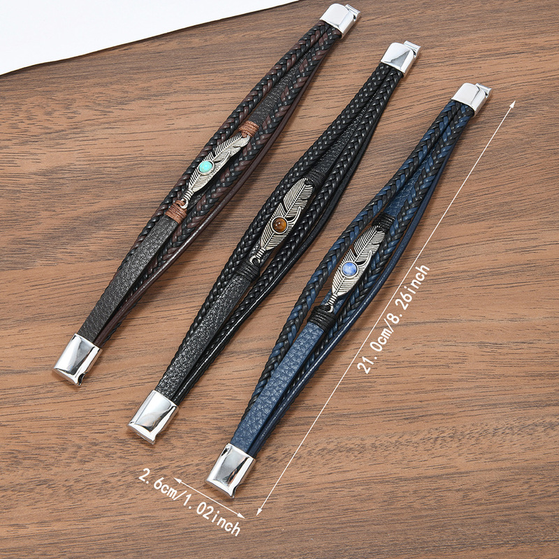 Men's Retro Multi-Layered Braided Leather Bracelet with Tiger's Eye Stone and Magnetic Clasp, a Popular Fashion Bracelet in the European and American Cross-Border Market