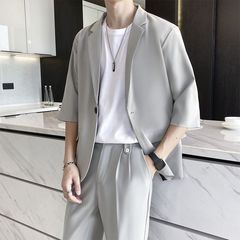 夏の新しいメンズ七分袖スーツ、気質ジャケット、薄手のカジュアルスーツ、男性用の多用途な9点パンツ