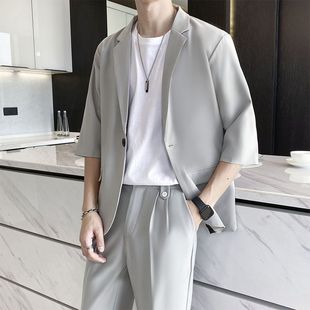 Summer New Men's Three-Quarter Sleeve Suit Jacket Thin Casual Small Suit Versatile Cropped Pants Men