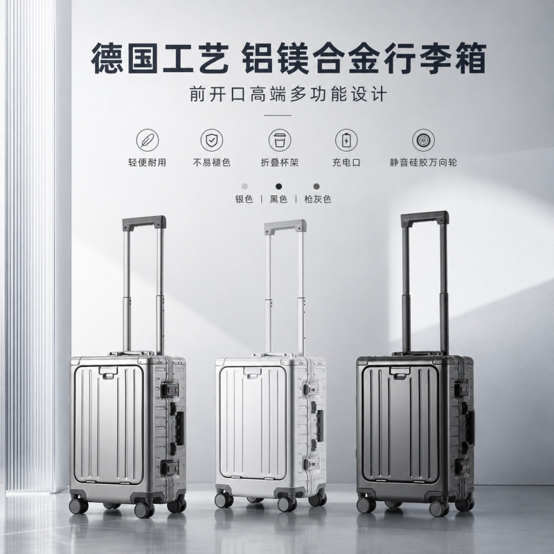 Front-Opening All-Aluminum Magnesium Alloy Suitcase 20inch Boarding Fast Charging Business Trip 24inch Suitcase Suitcase Front-Opening All-Aluminum Magnesium Alloy Suitcase 20inch Boarding Fast Charging Business Trip 24inch Suitcase Suitcase