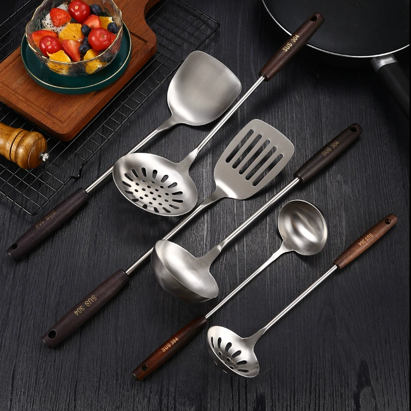 Нержавеющая сталь 304 ретро черный деревянная ручка кухонный набор spatula большого размера, большой утечка ложка для супа, сковорода кухонные принадлежности