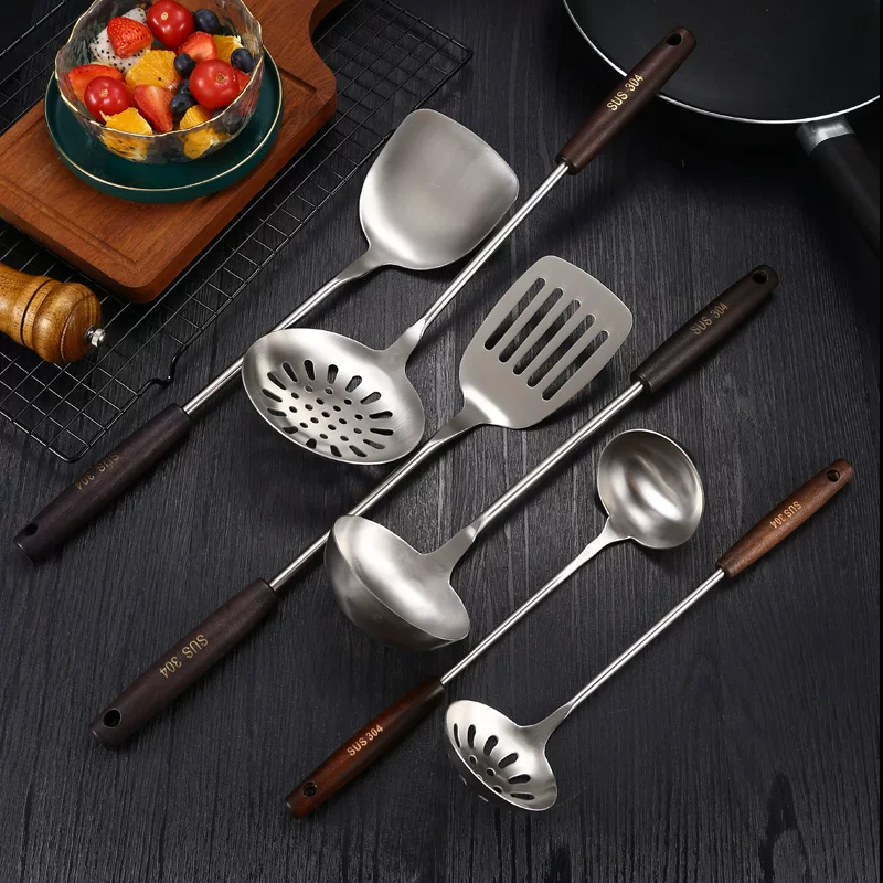 Нержавеющая сталь 304 ретро черный деревянная ручка кухонный набор spatula большого размера, большой утечка ложка для супа, сковорода кухонные принадлежности
