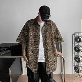 复古衬衣男宽松豹纹痞帅短袖衬衫男美式夏季潮牌潮流元素