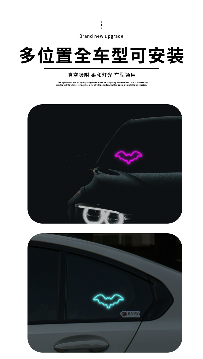 Car Solar-Powered Wireless Led Triangular Window Heart-Shaped Light, Wireless Neon Glowing C-Pillar Ambient Car Interior Decoration