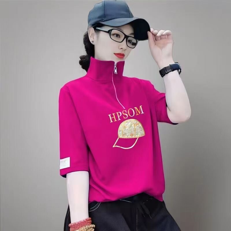 【505-2 # M-4Xl/5 Colors】Zipper Short-Sleeve T-Shirt with Stand Collar, Slimming Top, Loose Casual Style for Summer 【505-2 # M-4Xl/5 Colors】Zipper Short-Sleeve T-Shirt with Stand Collar, Slimming Top, Loose Casual Style for Summer